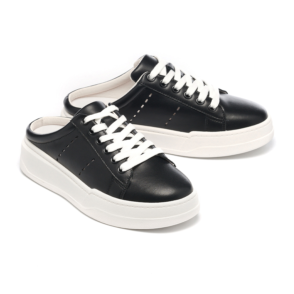 【HELENE_SPARK】極簡舒適LOGO燙字全真皮方頭低跟拖鞋(黑) 歷史價格詳細信息