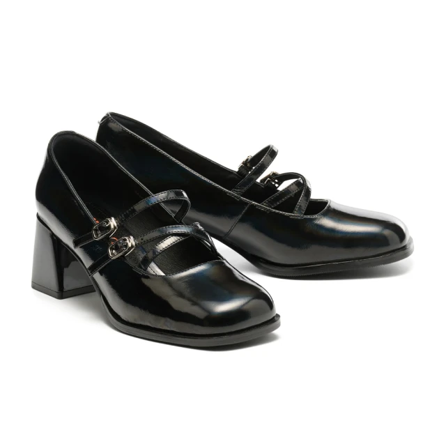 MISS 21  瑪莉珍 大方頭 高跟鞋 雙繫帶 漆皮 牛皮 復古風 跳色－黑 歷史價格詳細信息