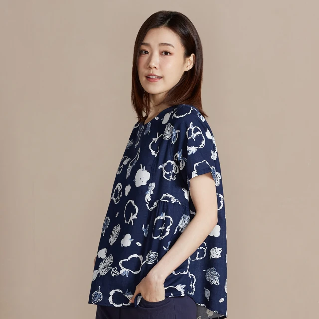 【YVONNE 以旺傢飾】雙層棉植物印花半開襟長袖上衣-丈青 歷史價格詳細信息