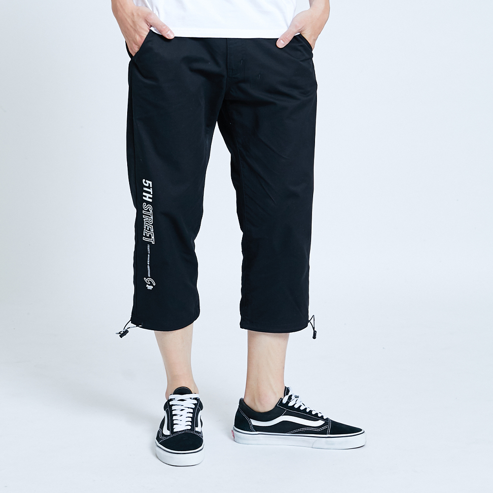 【5th STREET】男休閒抽繩LOGO印花短褲-黑色 歷史價格詳細信息