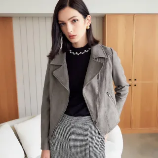 【OUWEY 歐薇】個性修身剪裁仿麂皮短版騎士外套(灰色；S-L；3224394002) 歷史價格詳細信息
