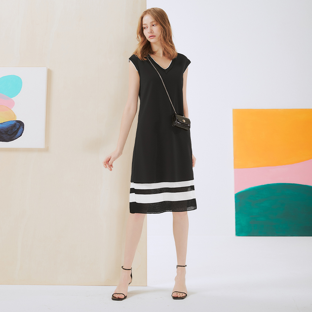 拼接條紋V領可反摺袖綁帶鬆緊長洋裝 《DA8374》 歷史價格詳細信息