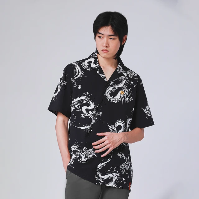 【JOHN HENRY】古巴領方塊圖案印花襯衫-黑色 歷史價格詳細信息