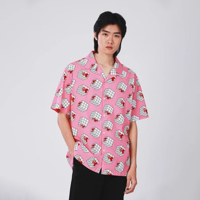 【JOHN HENRY】古巴領方塊圖案印花襯衫-黑色 歷史價格詳細信息