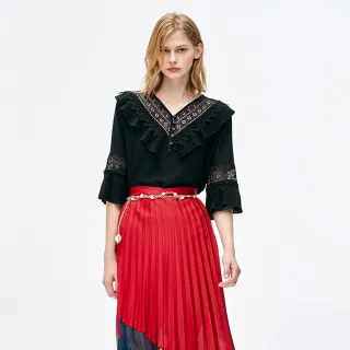 優雅V型撞色織帶拼接雪紡荷葉口袋長袖連衣裙(黑L-3L)-A363熊衣褲語 歷史價格詳細信息