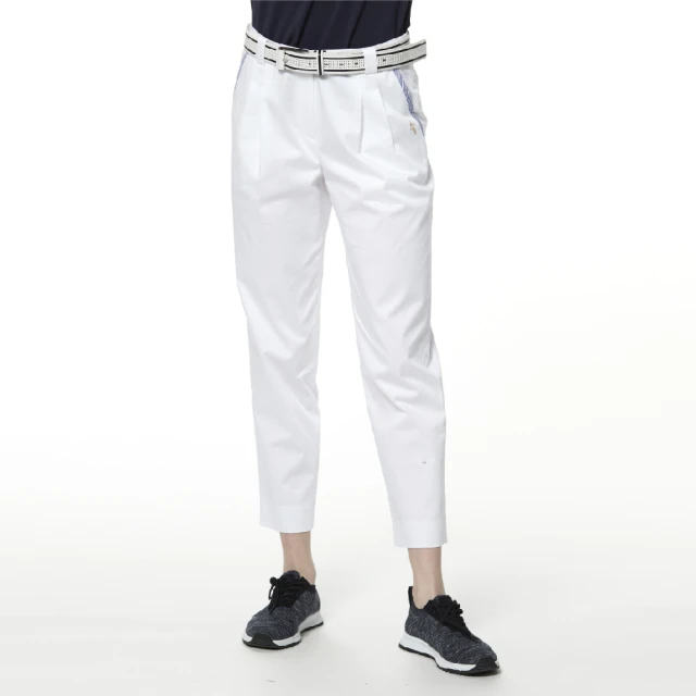 【Lynx Golf】女款彈性舒適前後拉鍊口袋設計立體膠標造型窄管長褲(二色) 歷史價格詳細信息