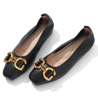 【DIANA】1.5 cm質感牛皮金屬G字母飾釦緞帶蝴蝶結低跟娃娃鞋(小黑糖) 歷史價格詳細信息