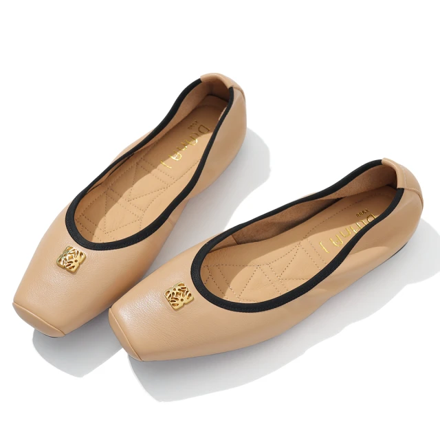 【DIANA】1.5 cm質感牛皮金屬G字母飾釦緞帶蝴蝶結低跟娃娃鞋(小黑糖) 歷史價格詳細信息