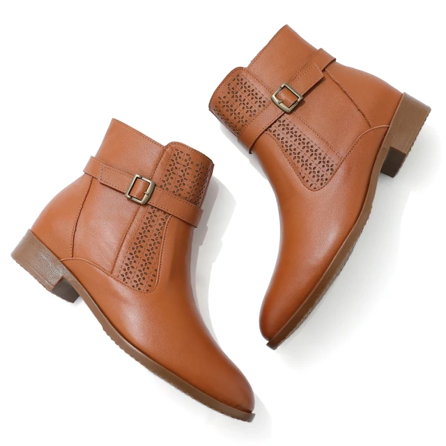 【DIANA】3cm質感牛皮沖孔皮帶釦環踝設計粗跟短靴-簡約百搭(焦糖棕) 歷史價格詳細信息