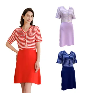 拼接條紋V領可反摺袖綁帶鬆緊長洋裝 《DA8374》 歷史價格詳細信息