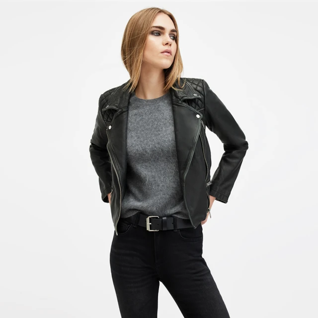 【ALLSAINTS】CARGO 鑽石絎縫經典復古騎士羊皮皮衣外套-黑灰 歷史價格詳細信息