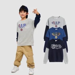 Gap 男幼童 Logo假兩件圓領大學T 碳素軟磨法式圈織系列-藍黑拼接(785461) 歷史價格詳細信息