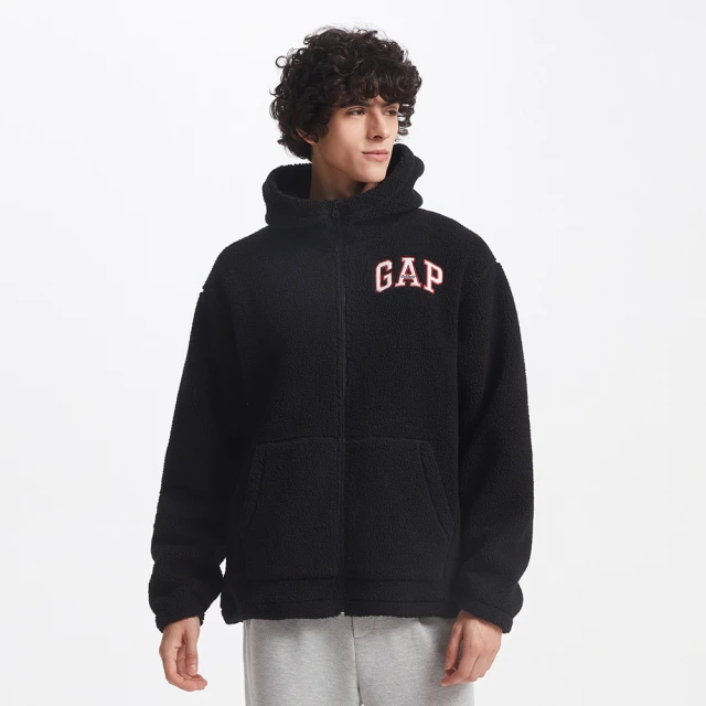 【GAP】男女同款 Logo刺繡刷毛連帽外套 碳素軟磨系列-黑色(609115) 歷史價格詳細信息