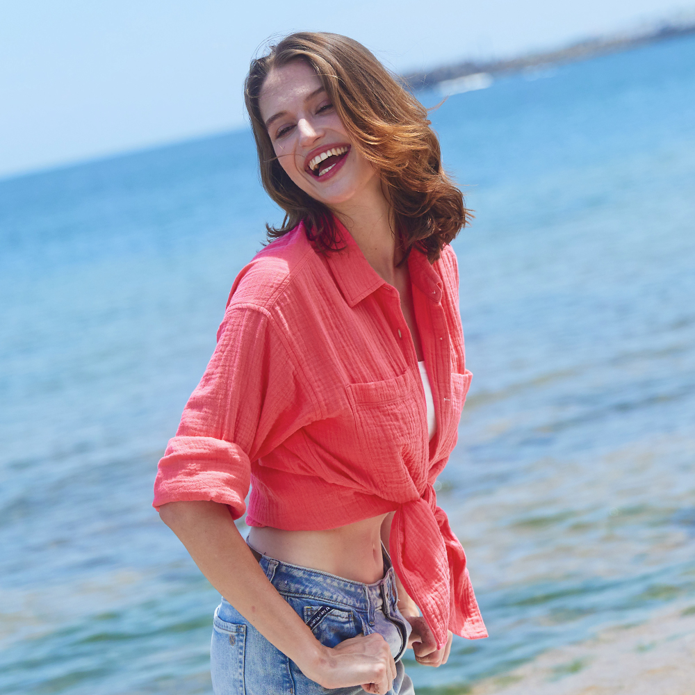 【NAUTICA】女裝 簡約撞色華夫格V領長袖T恤(粉色) 歷史價格詳細信息