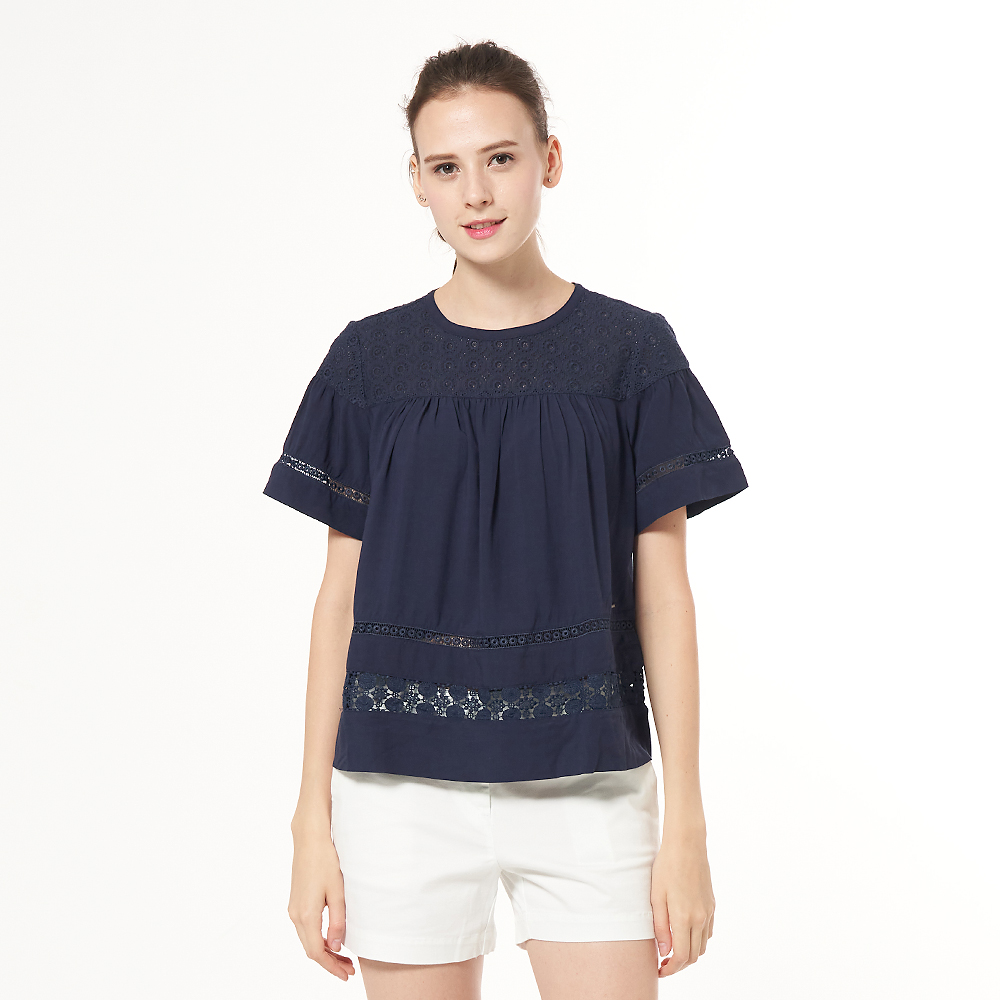 【NAUTICA】女裝縷空蕾絲修身七分袖襯衫(淺藍) 歷史價格詳細信息