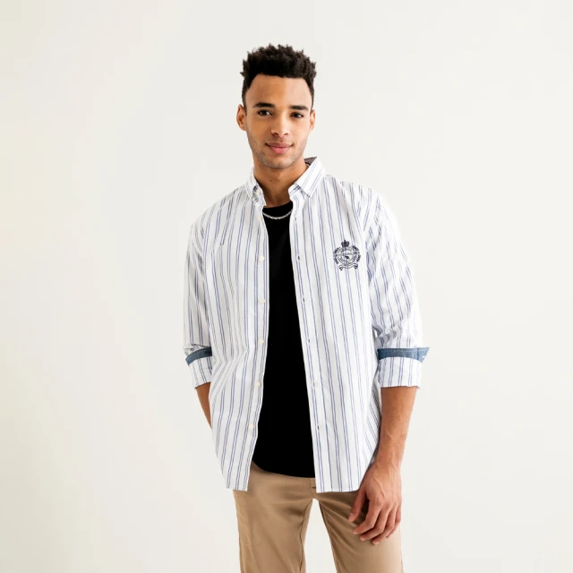 【Arnold Palmer 雨傘】男裝-學院風LOGO刺繡條紋長袖襯衫(藍色) 歷史價格詳細信息