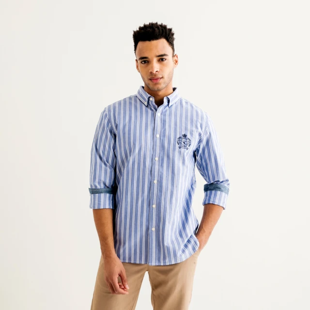 【Arnold Palmer 雨傘】男裝-學院風LOGO刺繡條紋長袖襯衫(藍色) 價格比較,價格查詢,歷史價格詳細信息