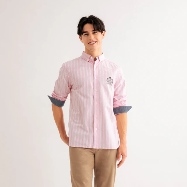 【Arnold Palmer 雨傘】男裝-學院風LOGO刺繡條紋長袖襯衫(藍色) 歷史價格詳細信息