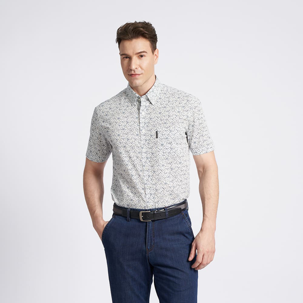 【pierre cardin 皮爾卡登】男款 進口純棉印花短袖襯衫-深藍色 (5227102-35) 歷史價格詳細信息