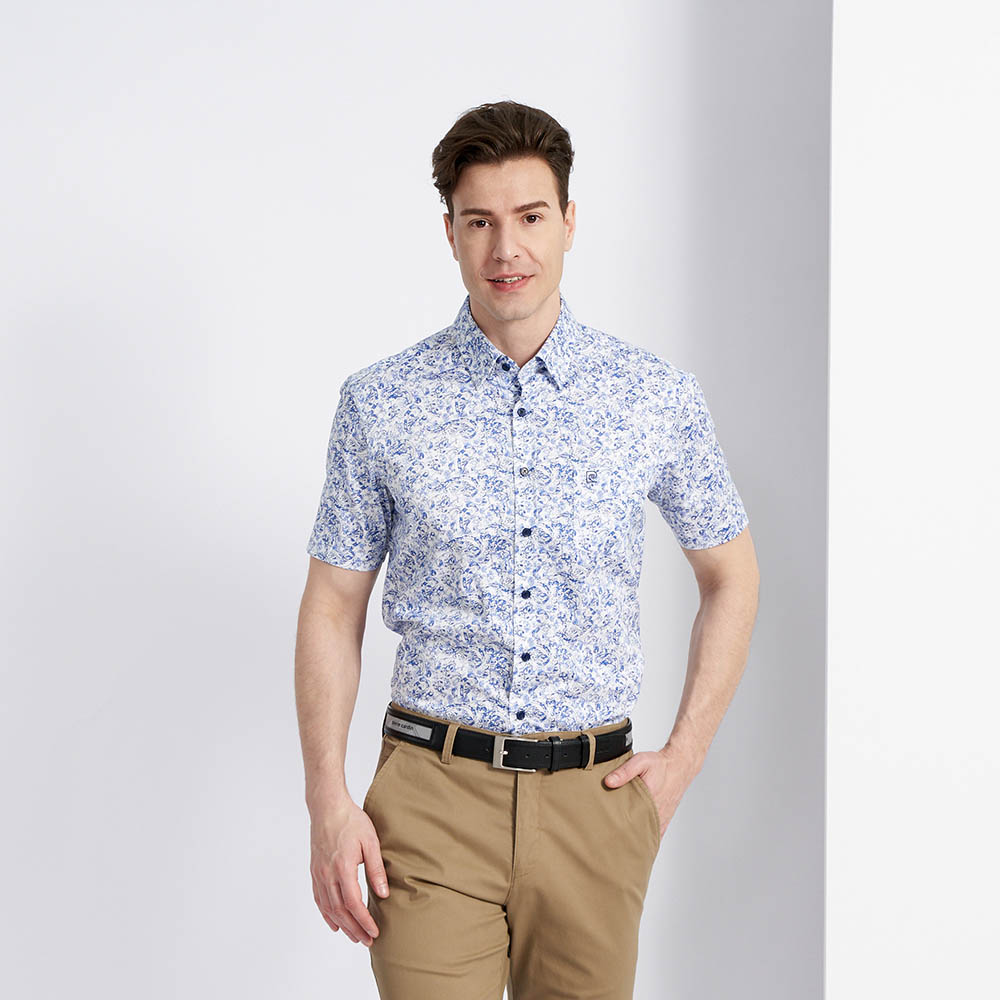 【pierre cardin 皮爾卡登】男款 進口純棉印花短袖襯衫-深藍色 (5227102-35) 歷史價格詳細信息