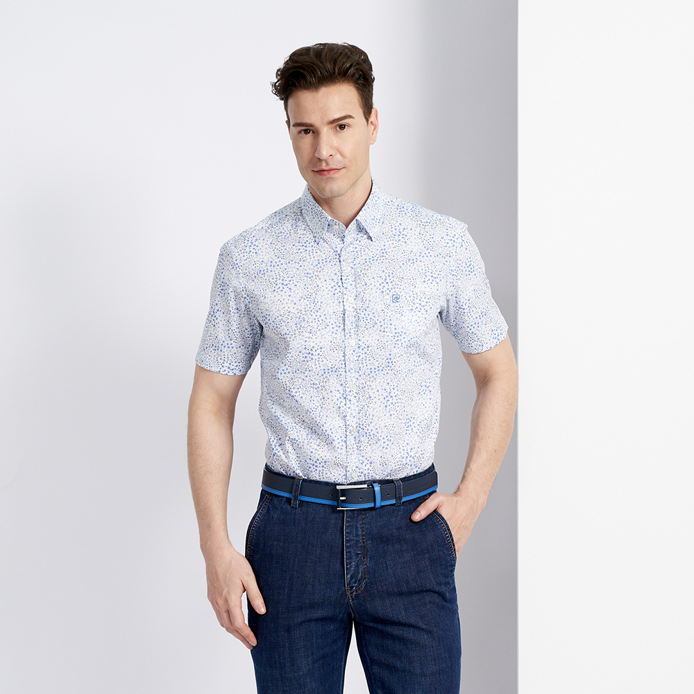 【pierre cardin 皮爾卡登】男款 進口純棉印花短袖襯衫-深藍色 (5227102-35) 歷史價格詳細信息