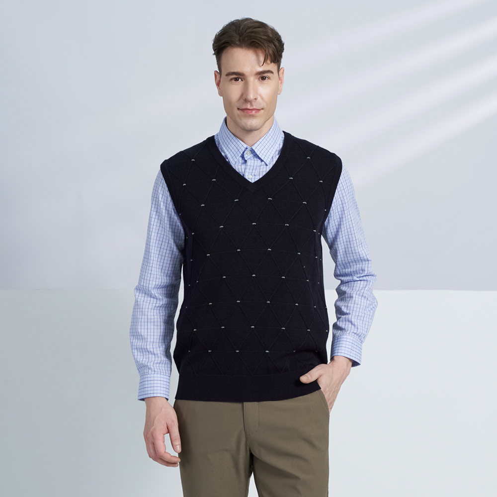 【pierre cardin 皮爾卡登】男款 混紡羊毛V領菱格緹花針織毛衣背心-深藍色(5225461-38) 歷史價格詳細信息