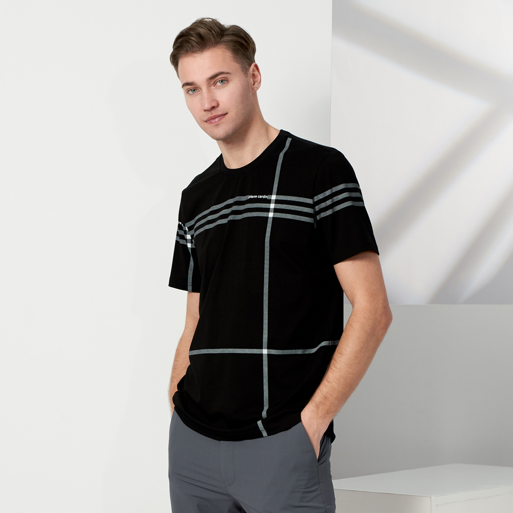【pierre cardin 皮爾卡登】商務休閒 男款 大定位格子印花圓領短袖上衣-黑色(5237281-99) 價格比較,價格查詢,歷史價格詳細信息