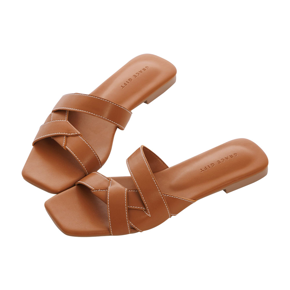 【Grace Gift】寬織帶平底拖鞋(黑) 歷史價格詳細信息