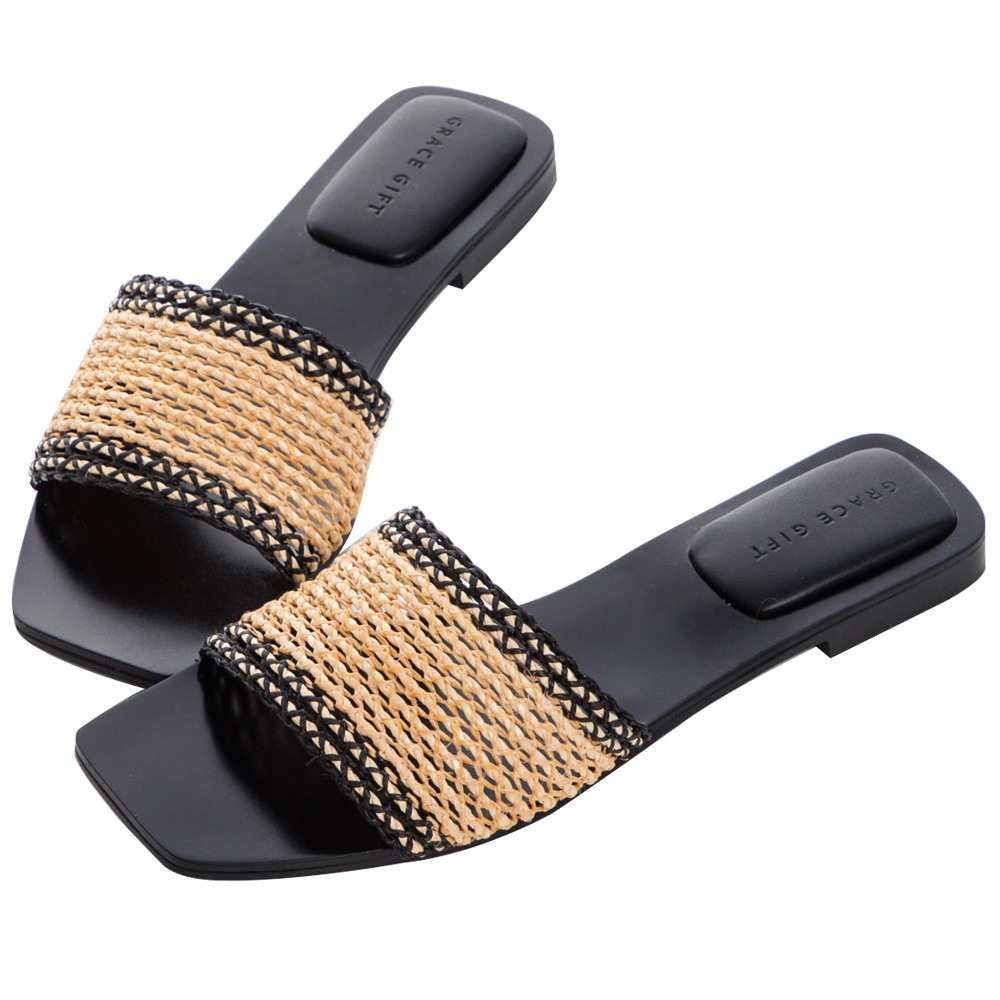 【Grace Gift】斜方頭扭結低跟涼鞋(黑) 歷史價格詳細信息