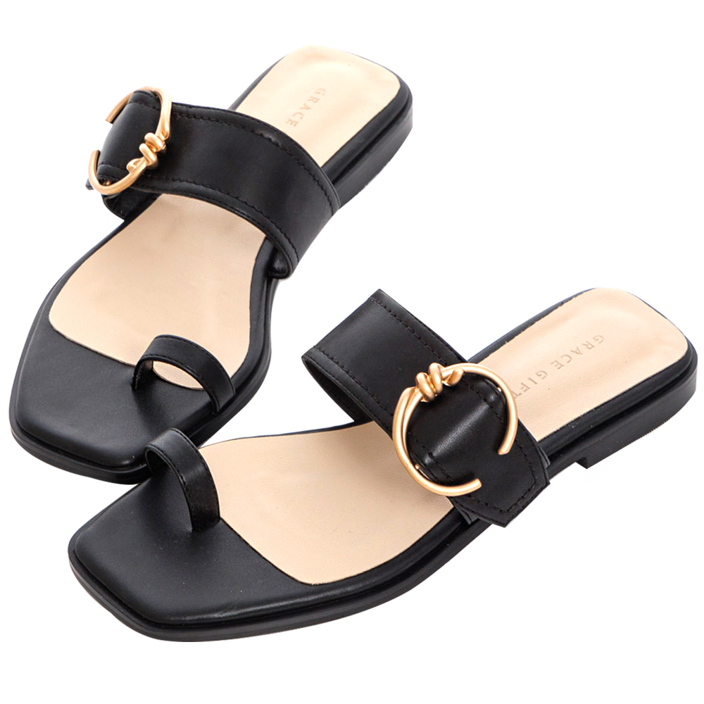 【Grace Gift】金屬圓釦套趾平底拖鞋(淺黃) 歷史價格詳細信息