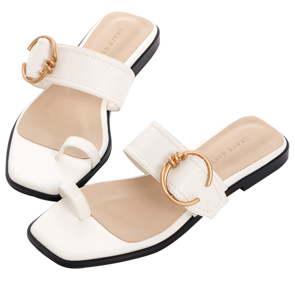 【Grace Gift】金屬圓釦套趾平底拖鞋(淺黃) 歷史價格詳細信息