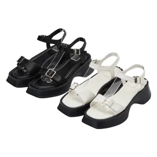 【Grace Gift】率性雙帶皮革涼鞋(黑) 歷史價格詳細信息