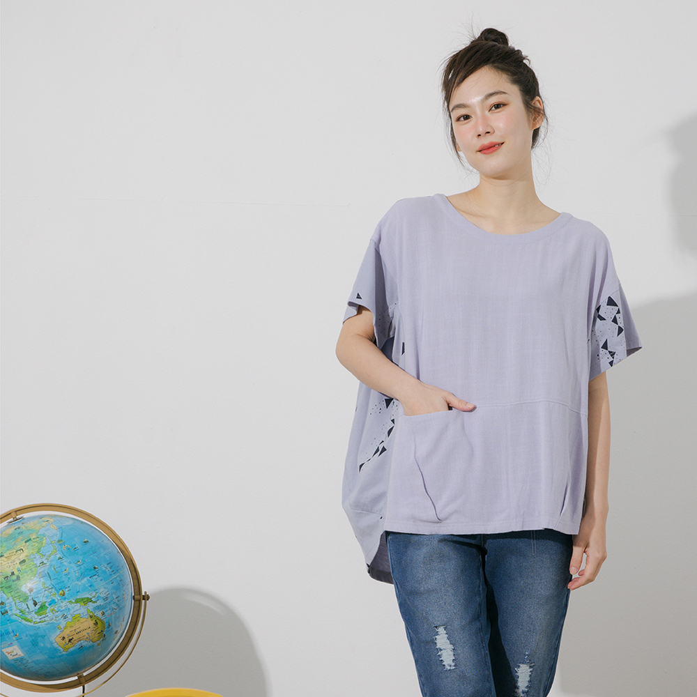 【MOSS CLUB】三角形印花後綁結-女七分袖上衣 綁結 藍 白 紫(三色/魅力商品/版型適中) 歷史價格詳細信息