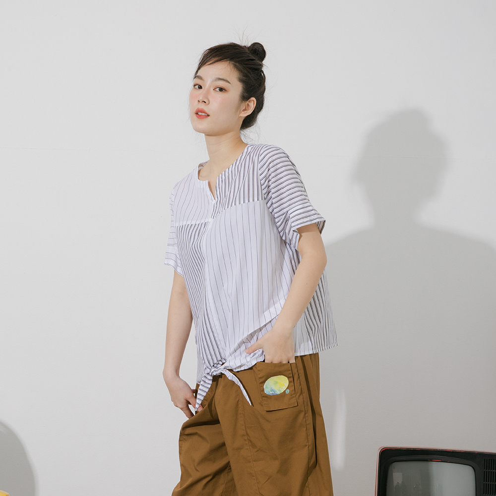 條紋短袖襯衫 拼接條紋雙口袋中袖襯衫男休閑透氣上衣夏季韓版色織短袖襯衣 NM013 歷史價格詳細信息