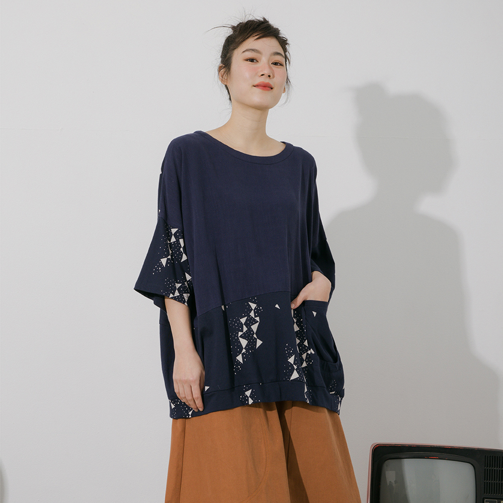 【MOSS CLUB】三角形印花後綁結-女七分袖上衣 綁結 藍 白 紫(三色/魅力商品/版型適中) 歷史價格詳細信息