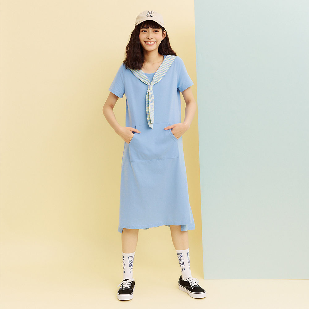 【Dailo】格紋領結波浪擺休閒-女短袖洋裝 領結 藍 黑 綠(三色/魅力商品/版型適中) 歷史價格詳細信息