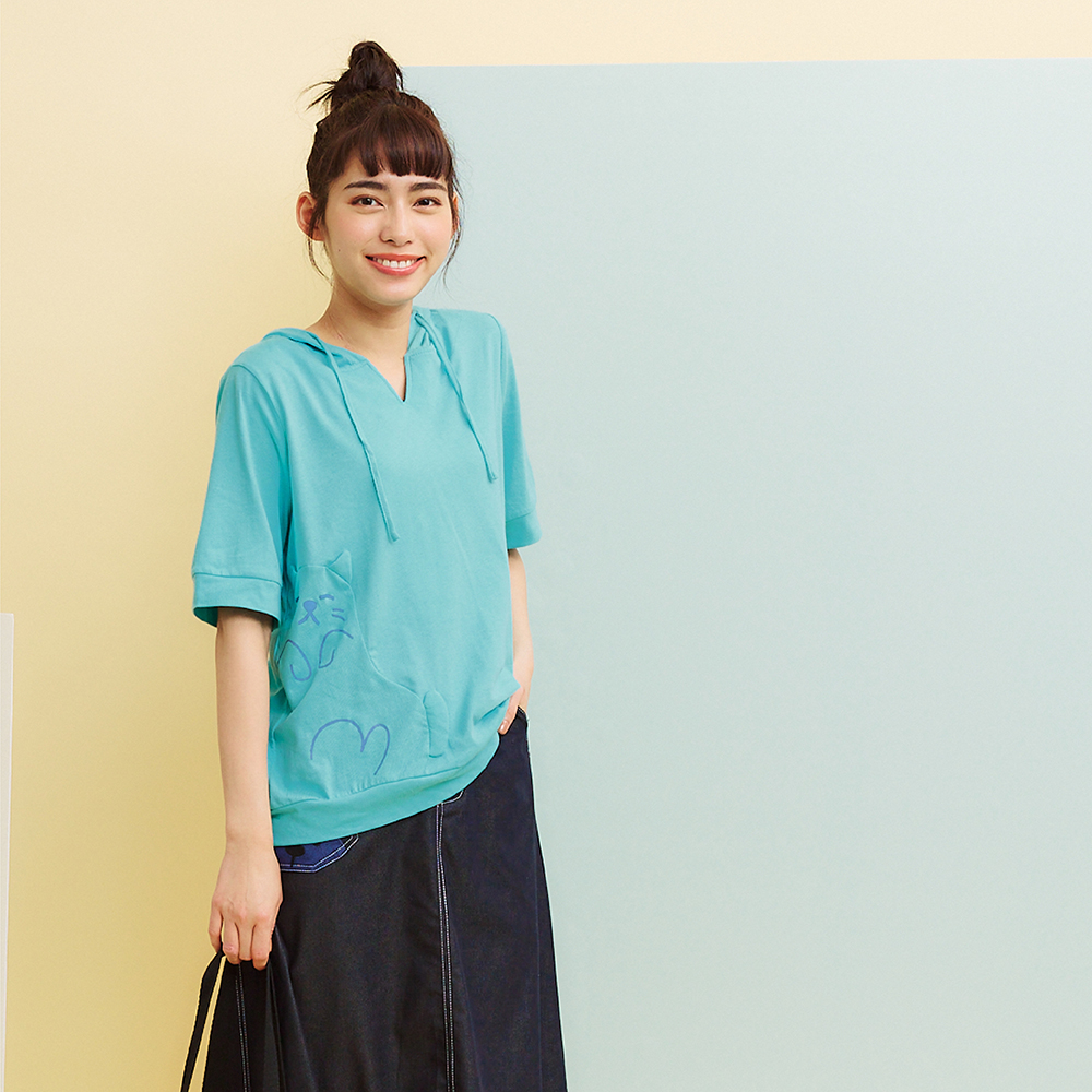 【Dailo】懶散貓印花條紋口袋休閒連帽-女長袖上衣 連帽 藍 灰 黃(三色/版型適中/限量下殺) 歷史價格詳細信息