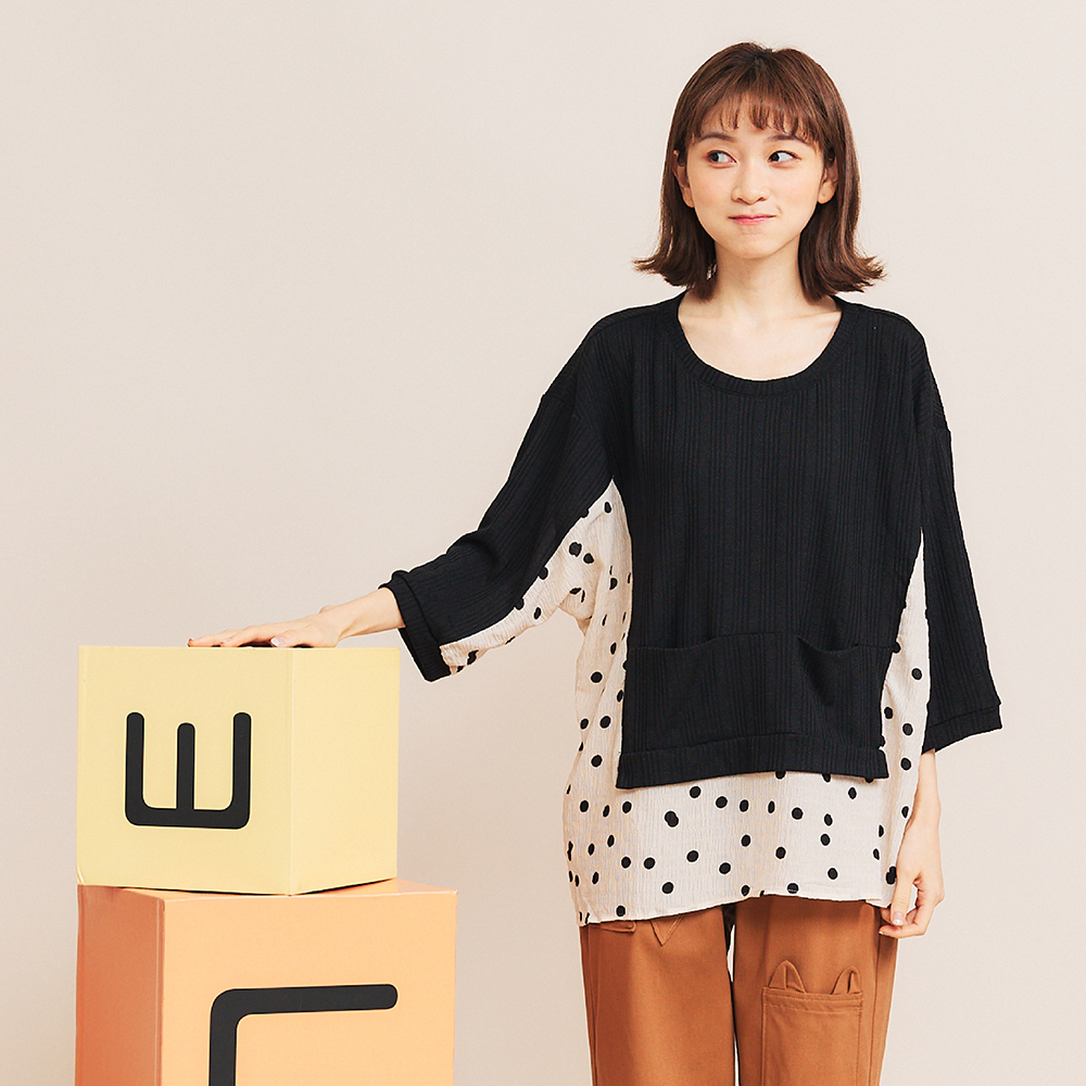 蝙蝠接袖拼接條紋前短後長圓領長袖上衣(黑.紅XL-5L)-X182眼圈熊中大尺碼 歷史價格詳細信息