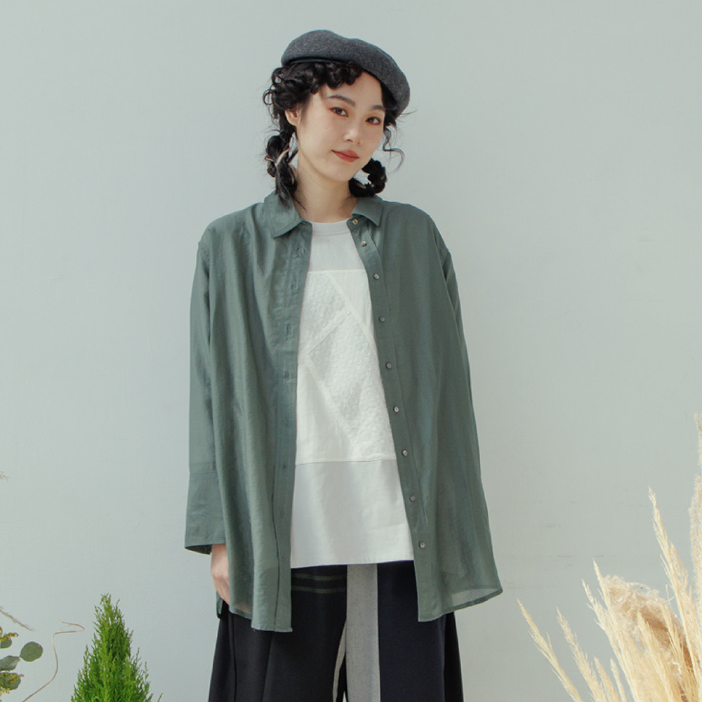 【MOSS CLUB】輕薄透格布可綁結開襟襯衫-女長袖洋裝 綁結 綠 卡(二色/版型適中) 歷史價格詳細信息