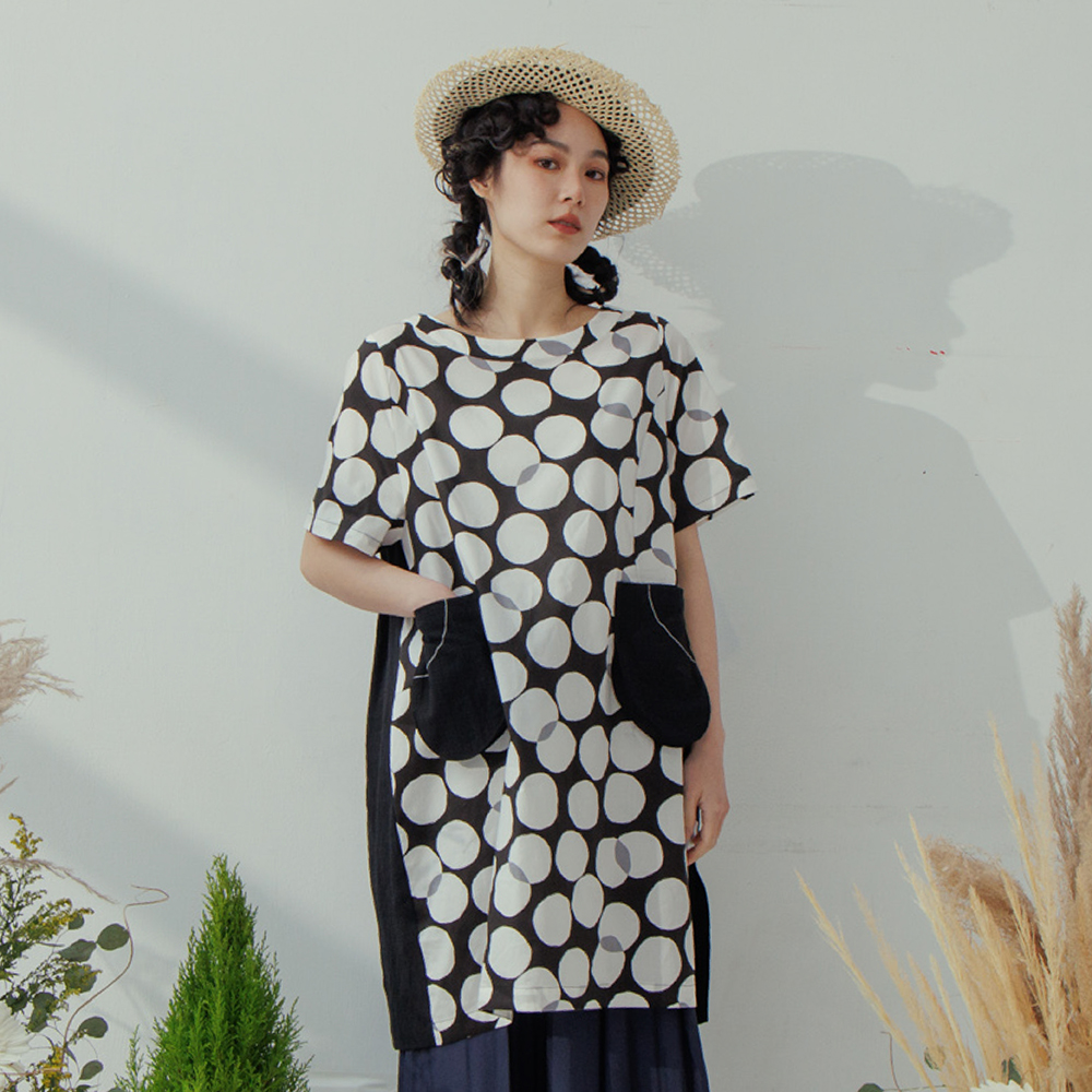 【MOSS CLUB】圓圈花異材質布料剪接連袖短袖上衣 藍 咖 歷史價格詳細信息