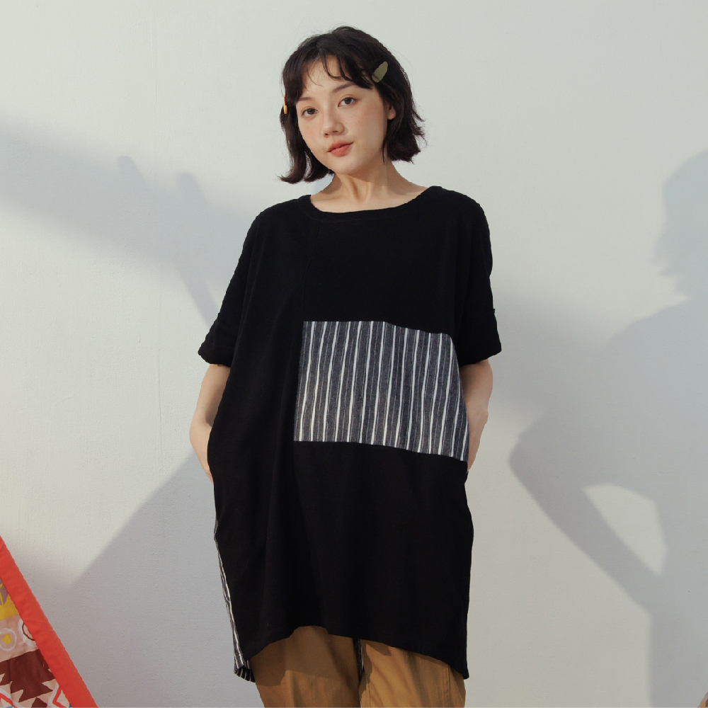 蝙蝠接袖拼接條紋前短後長圓領長袖上衣(黑.紅XL-5L)-X182眼圈熊中大尺碼 歷史價格詳細信息