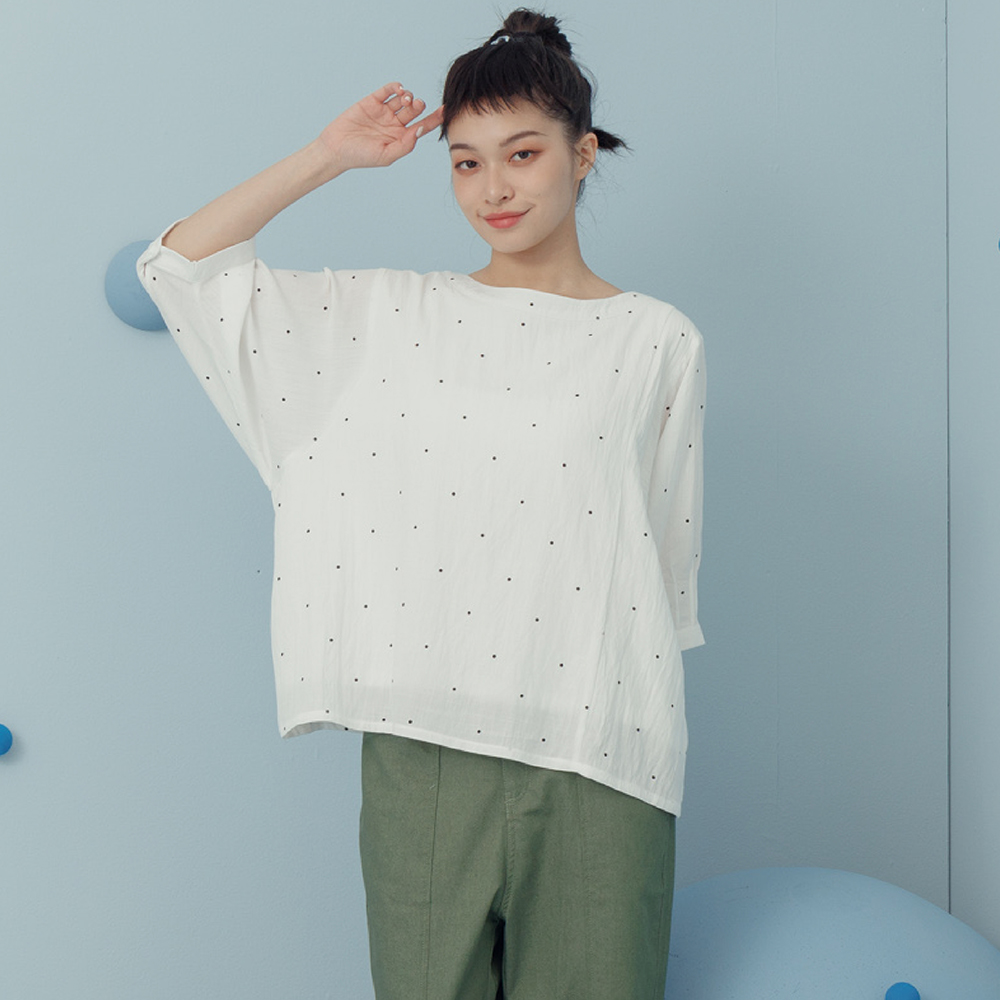 【MOSS CLUB】點與線 印花 繭型 女七分袖襯衫  黑色 白色 寬鬆 休閒 日系 七分袖 皺褶 慵懶 上衣 蝙蝠袖 歷史價格詳細信息