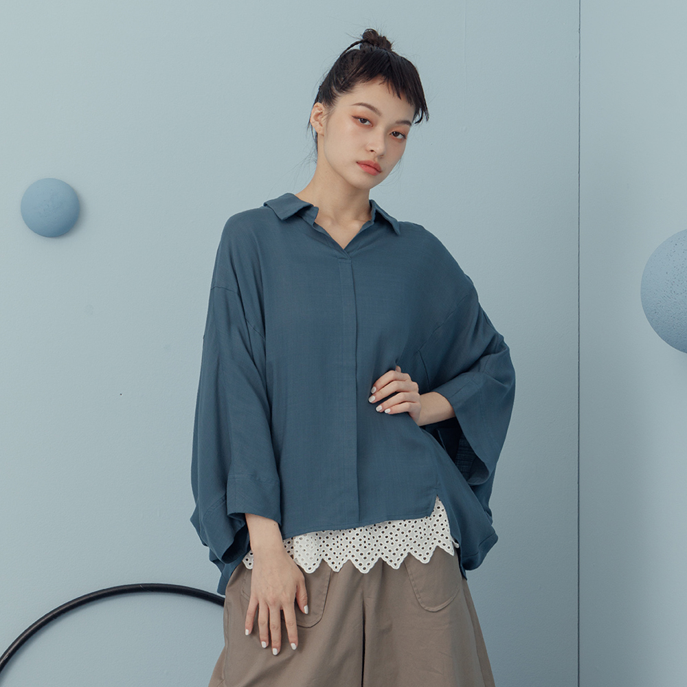【MOSS CLUB】V字領口條紋異材質布料假兩件七分袖上衣 藍 白 歷史價格詳細信息