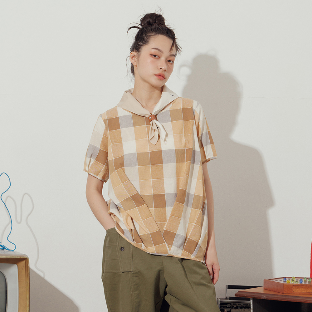 【MOSS CLUB】前領綁繩格子 -女短袖襯衫(二色/版型適中) 歷史價格詳細信息