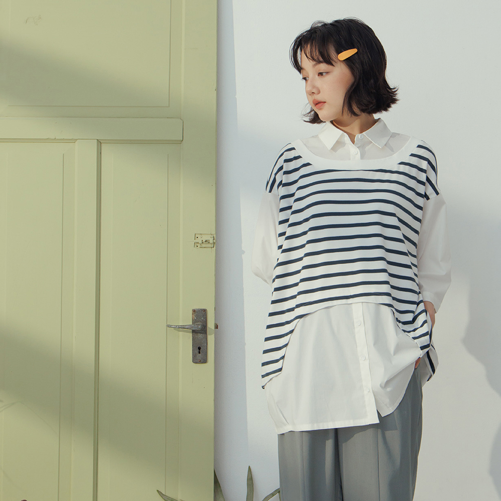 【MOSS CLUB】假兩件條紋異材質背心七分袖上衣 黑 白 桔 歷史價格詳細信息