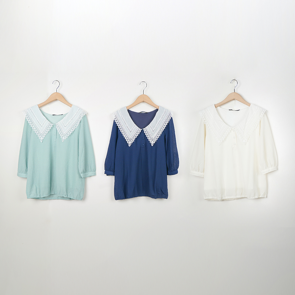 【MASTINA】氣質蕾絲領片七分袖上衣 藍 綠 杏 (魅力商品) 歷史價格詳細信息