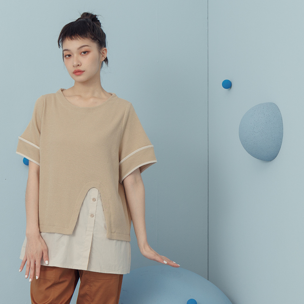 【MOSS CLUB】異材質剪接半開襟襯衫領長袖上衣(黑 白 卡/魅力商品) 歷史價格詳細信息