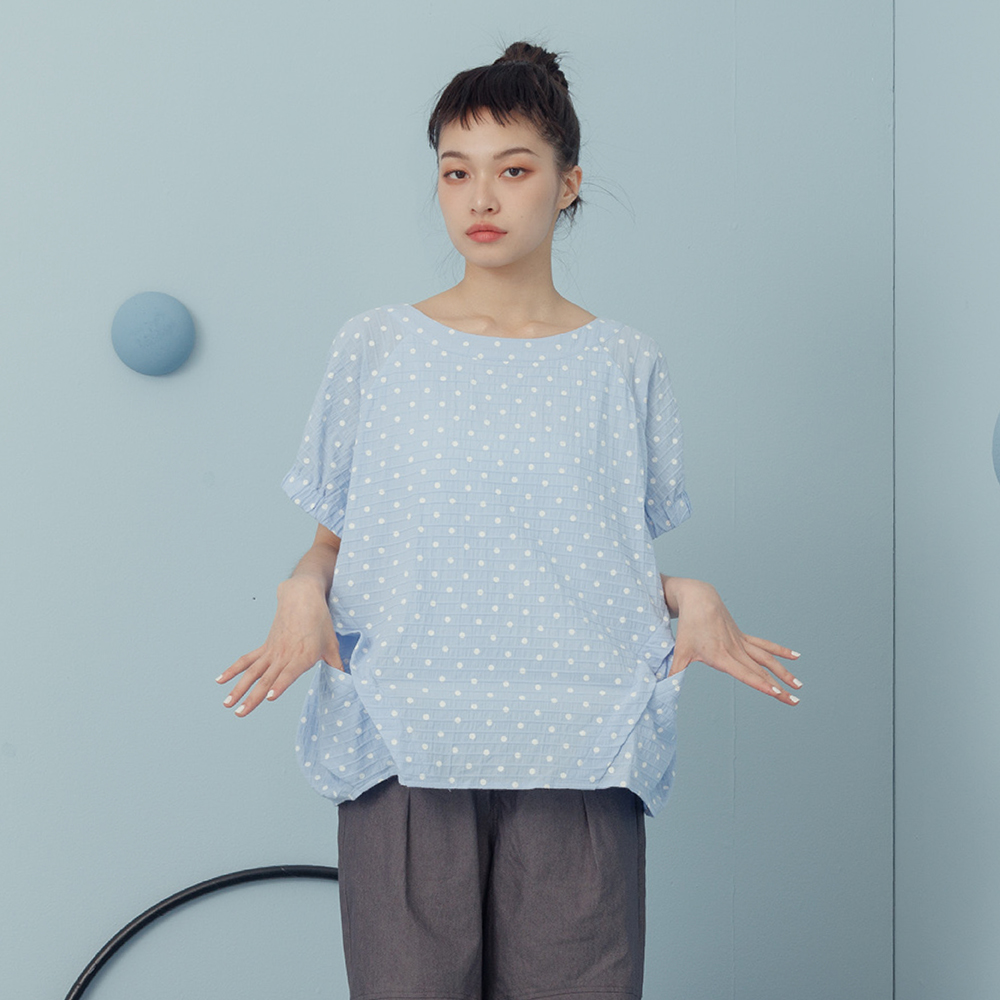 【MOSS CLUB】點與線 印花 繭型 女七分袖襯衫  黑色 白色 寬鬆 休閒 日系 七分袖 皺褶 慵懶 上衣 蝙蝠袖 歷史價格詳細信息