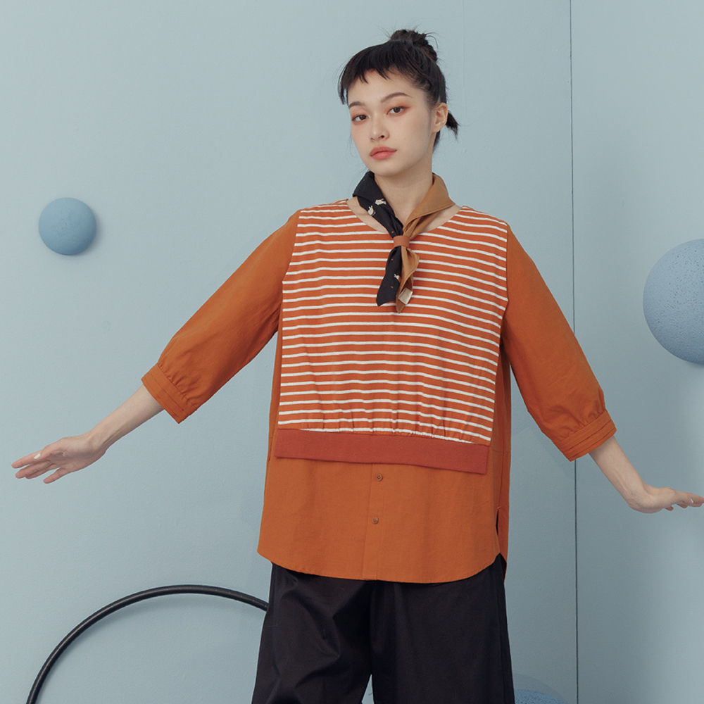 【MOSS CLUB】條紋異材布料剪接-女長袖襯衫 拼接 黑 白 綠(三色/版型適中) 歷史價格詳細信息