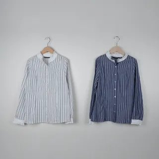 【MASTINA】棉質立領荷葉條紋正裝長袖襯衫 藍 白 (魅力商品) 歷史價格詳細信息